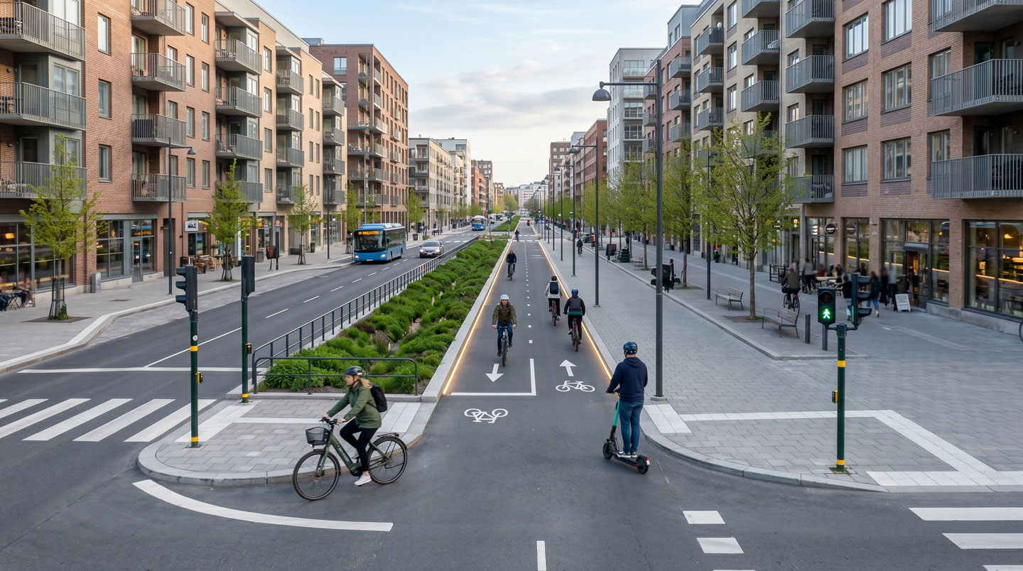 Composition abstraite aérienne montrant des lignes fluides vertes et bleues contrastant avec une grille rigide rouge et grise, symbolisant la fluidité de la mobilité douce face à la congestion automobile