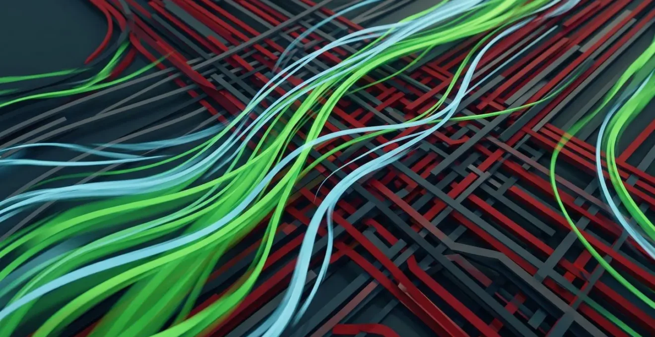 Composition abstraite aérienne montrant des lignes fluides vertes et bleues contrastant avec une grille rigide rouge et grise, symbolisant la fluidité de la mobilité douce face à la congestion automobile