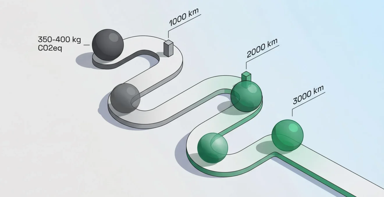 Diagramme isométrique 3D montrant la progression de l'amortissement carbone d'un vélo cargo de 0 à 3000 kilomètres, sphère évoluant du gris foncé au vert translucide
