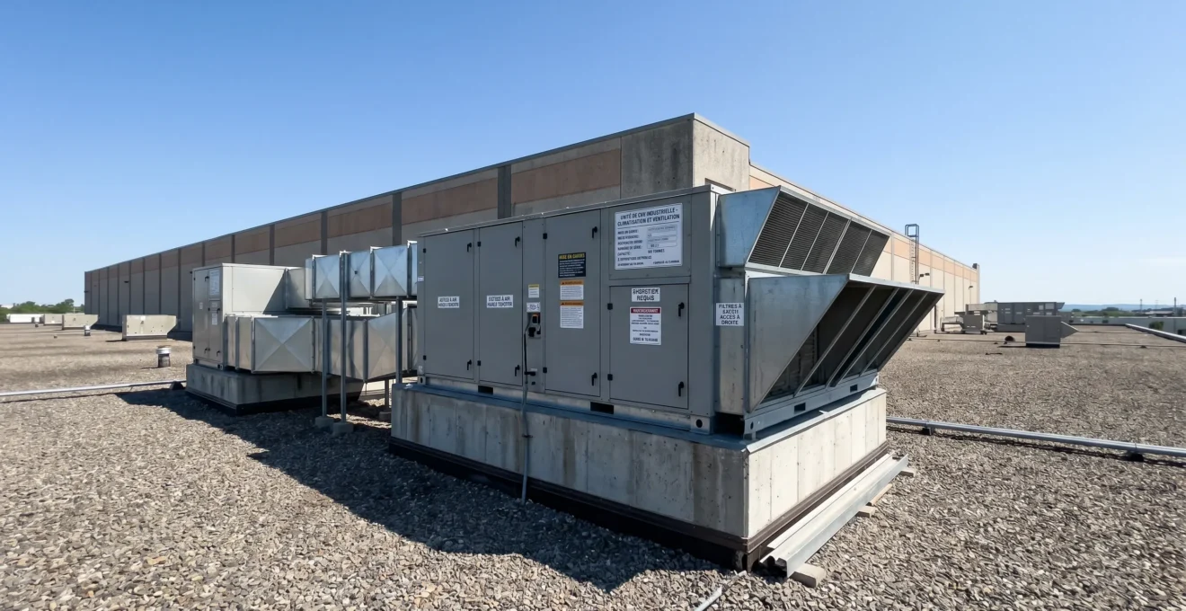 Grande unité rooftop de climatisation installée sur le toit d'un bâtiment industriel au Québec, ciel dégagé, équipement commercial de haute capacité