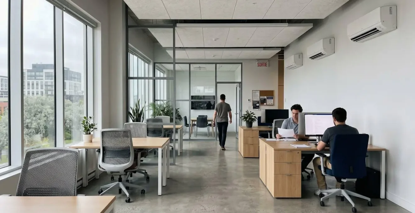 Unités murales VRV discrètement installées dans un espace commercial moderne au Québec, lumière naturelle, architecture contemporaine