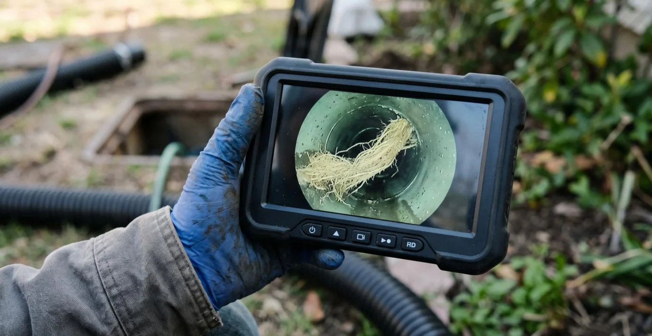Gros plan sur un moniteur d'inspection montrant des racines d'arbres obstruant l'intérieur d'une canalisation, tenu par la main gantée d'un technicien